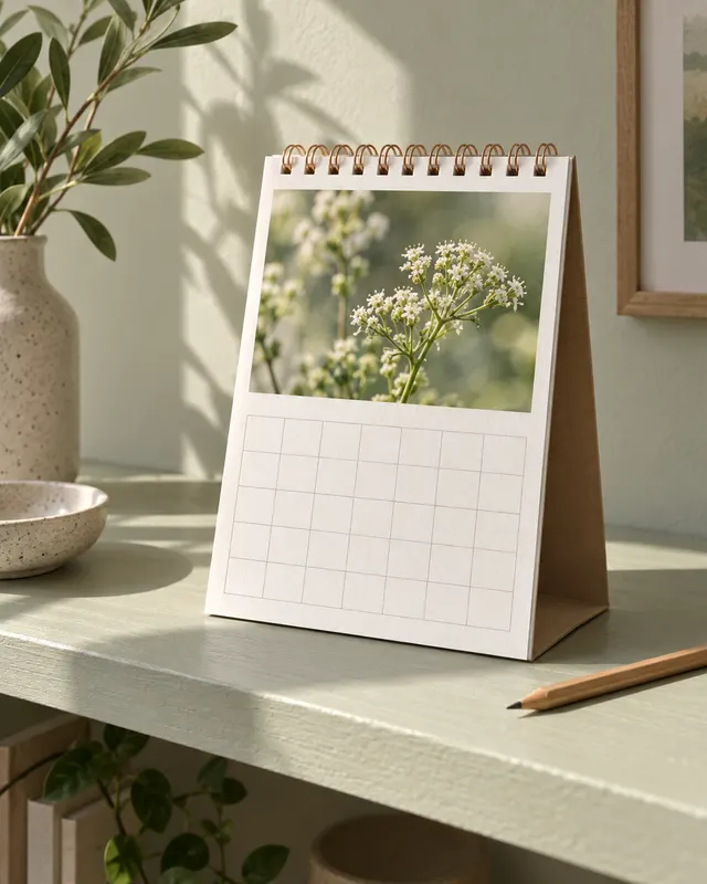 Aufgestellter Fotokalender mit Pflanzenmotiv auf einem hellen Schreibtisch