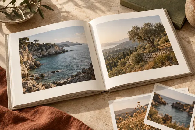Offenes Fotobuch mit Landschaftsbildern und einzelnen Fotoabzügen