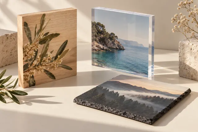 Fotodrucke auf Holz, Acrylglas und Schiefer mit sichtbaren Materialkanten